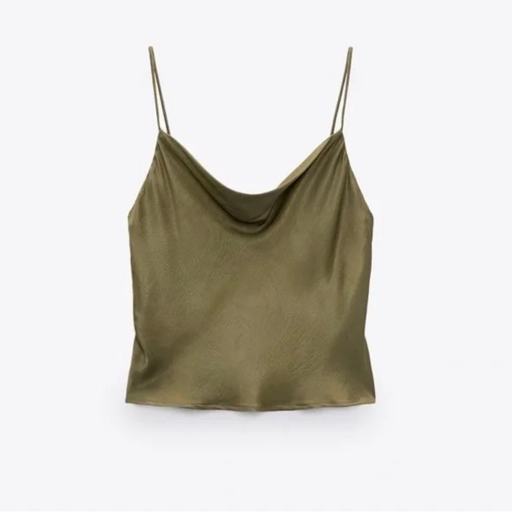 NWOT Zara Satin Cowl Neck Cami S | Olive Green Silky Crop Top Adjustable Straps